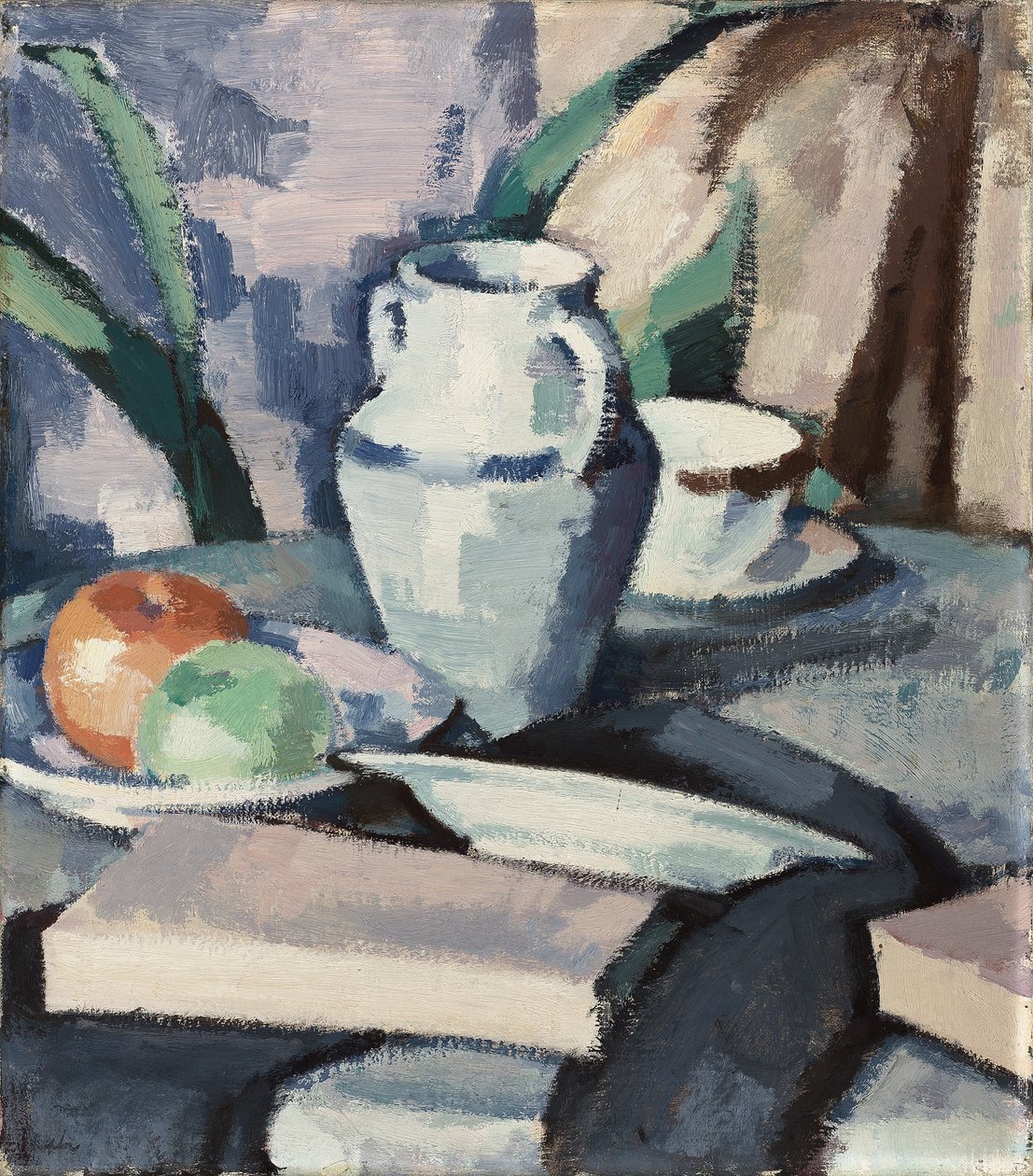 Stilleben med vase og bøker, av Samuel John Peploe
