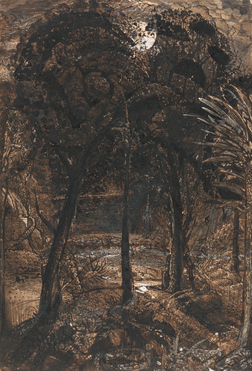 En månebelyst scene med en svingete elv av Samuel Palmer