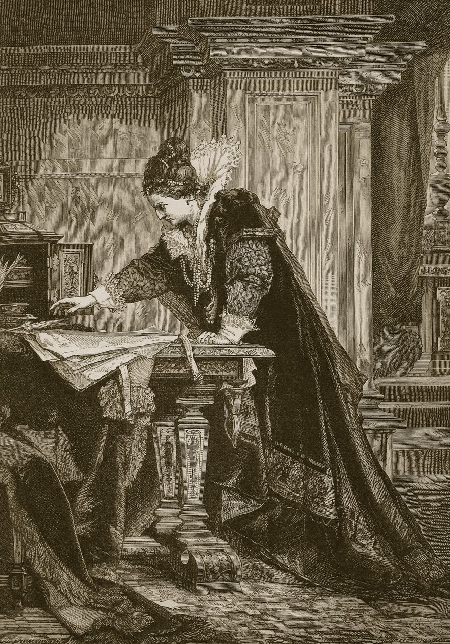 Dronning Elizabeth signerer dødsdommen til Mary Queen of Scots, gravert av C. Butterworth av Sandor Liezen Meyer