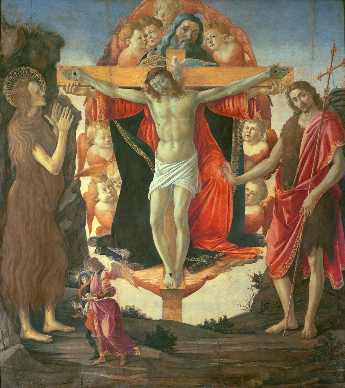 Den hellige treenighet med døperen Johannes, Maria Magdalena, Tobias og engelen, ca. 1490-95 (tempera på panel) av Sandro Botticelli