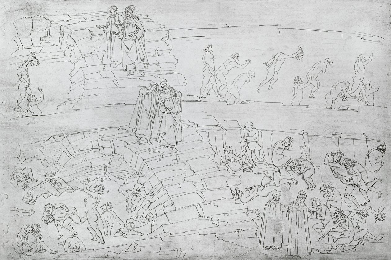 Dante og Virgil (70-19 f.Kr.) fra 'Den guddommelige komedie' av Dante Alighieri (1265-1321) ca. 1480 av Sandro Botticelli