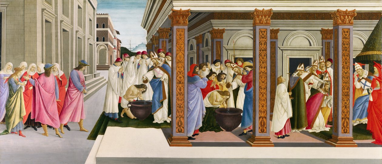 Fire scener fra det tidlige livet til Saint Zenobius, ca. 1500 (tempera på tre) av Sandro Botticelli