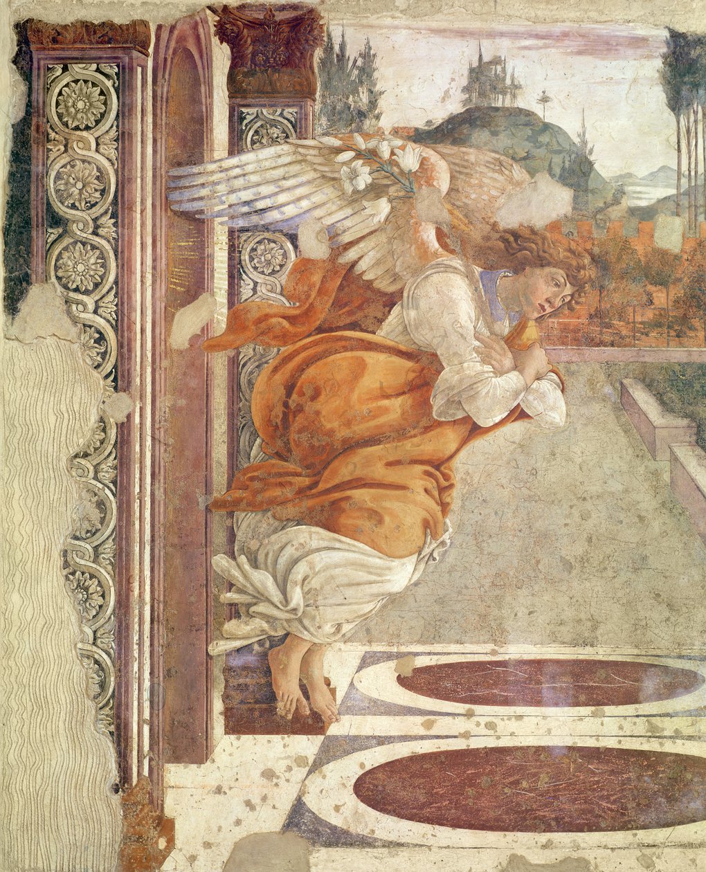 Bebudelsen, detalj av engelen, 1481 (tempera på tre) av Sandro Botticelli