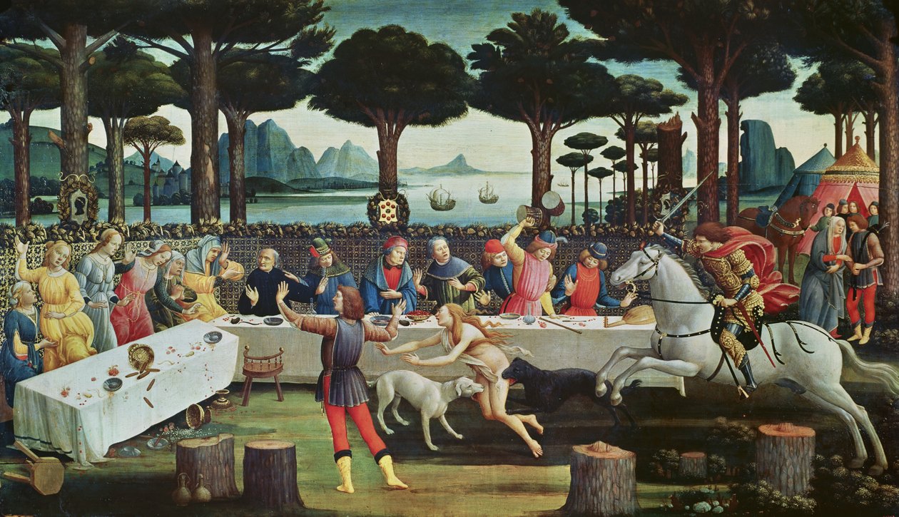The Banket in the Pinewoods: Scene III av The Story of Nastagio degli Onesti, ca. 1483 (tempera på panel) av Sandro Botticelli