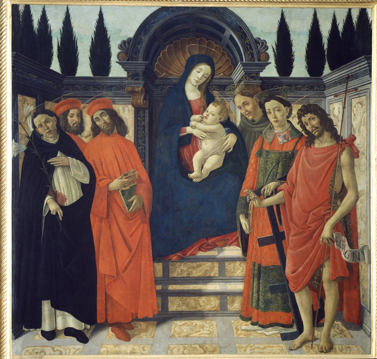 Jomfruen og barnet med døperen Johannes, St. Damian og St. Cosmo av Sandro Botticelli