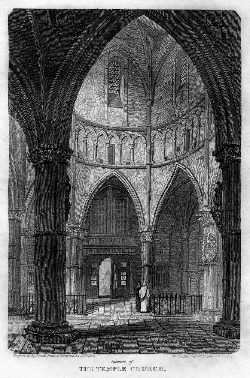 Interiør av Temple Church, London, 1816. av Sands