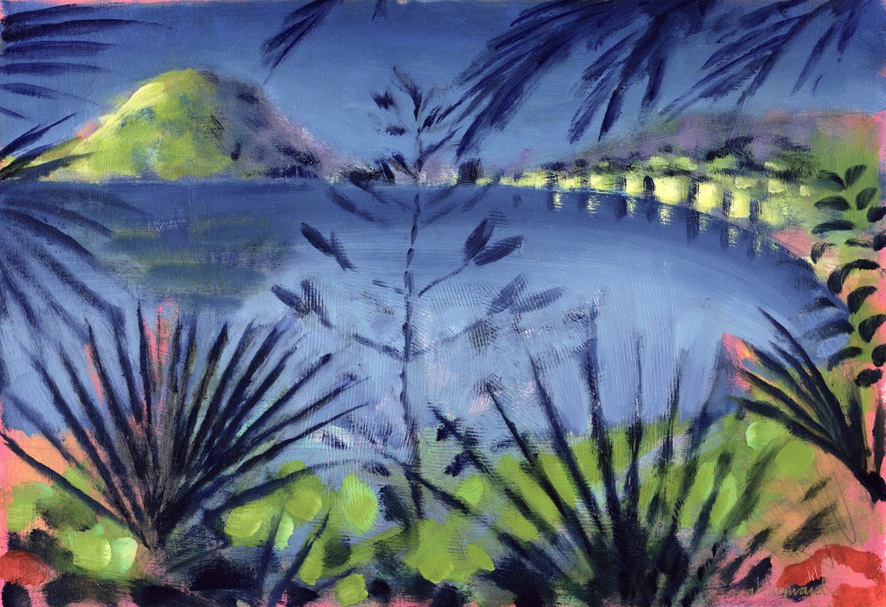 Across the Lake (olje på kort) av Sara Hayward