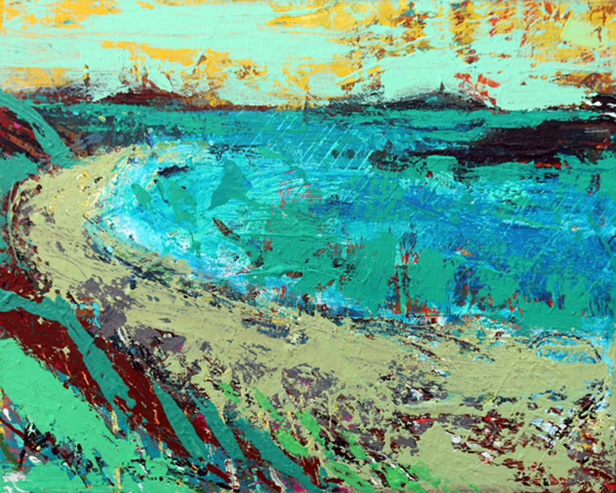 Beyond the machair (akryl på lerret) av Sara Hayward