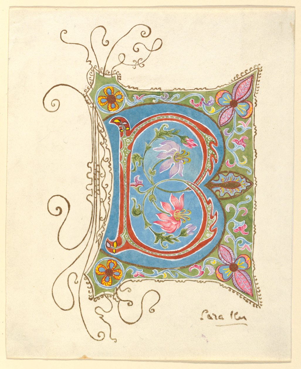 Tegning, opplyst initial av Sara Ker