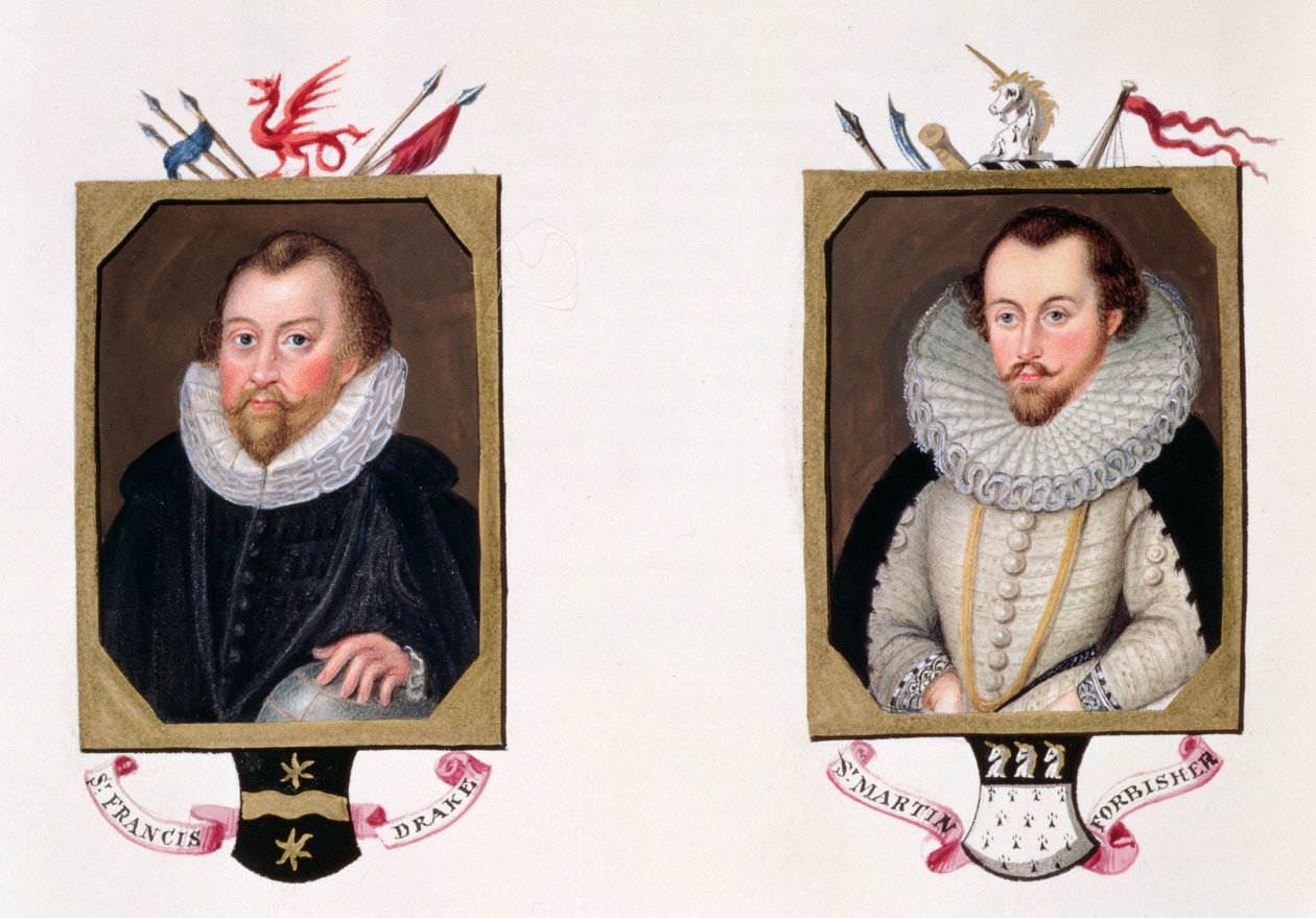 Dobbeltportrett av Sir Francis Drake (ca. 1540-96) og Sir Martin Frobisher (ca. 1535-94) fra 