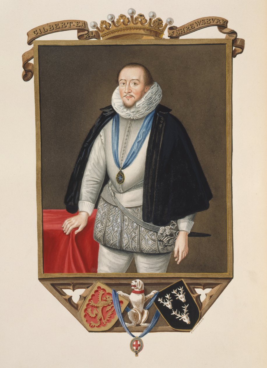 Portrett av Gilbert Talbot (1553-1616) 7. jarl av Shrewsbury fra Memoirs of the Court of Queen Elizabeth etter et portrett av Sir William Segar (d.1633), utgitt i 1825 (wc og gouache på papir) av Sarah Countess of Essex