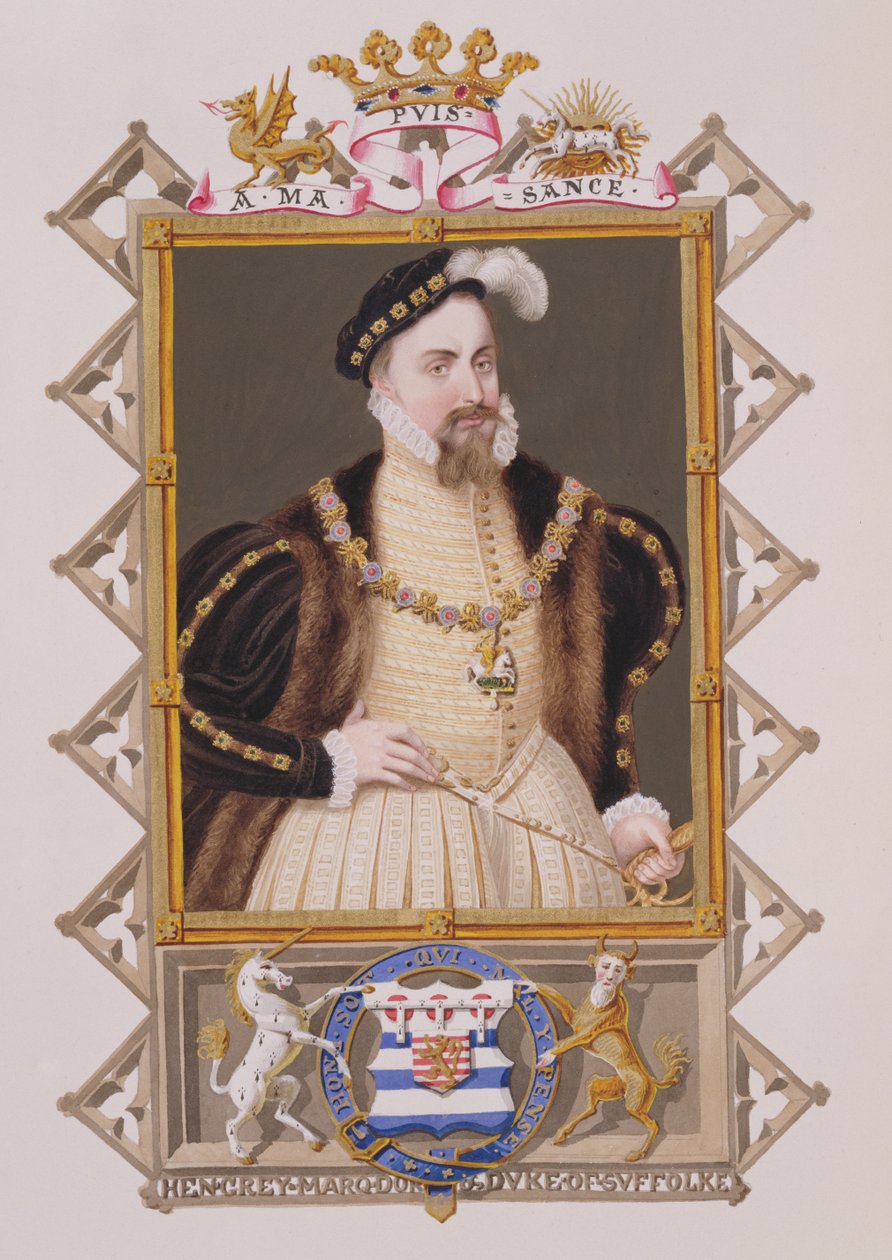 Portrett av Henry Gray (d.1554) Duke of Suffolk fra Memoirs of the Court of Queen Elizabeth, publisert i 1825 (wc og gouache på papir) av Sarah Countess of Essex