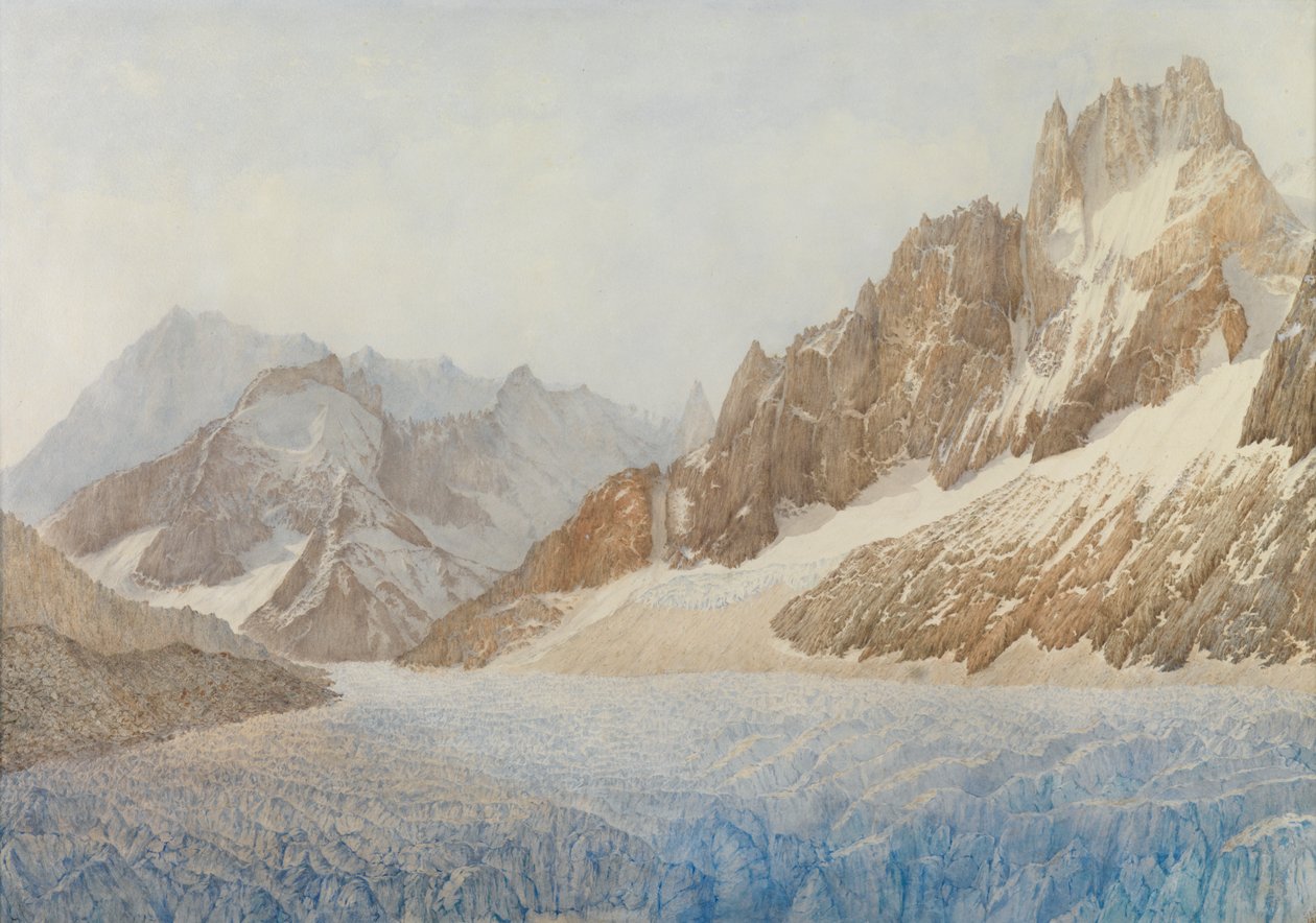 Mer de Glace, Chamonix, 1881 (blyant og wc forhøyet med hvitt) av Sarah Inger Louise Severn