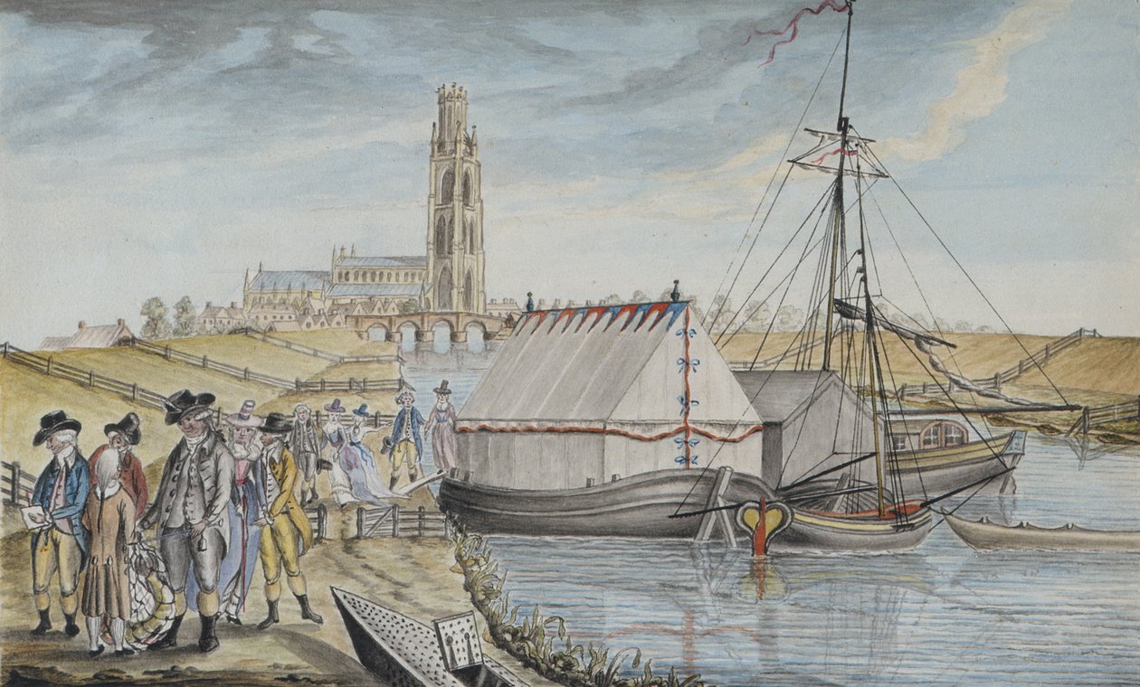 Weighing the Fish after a Haul, 1791 fra Sir Joseph Banks Fishery Book of the River Wytham i Lincolnshire, utgitt i 1784-96 (penn og blekk, med wc og gouache på papir) av Sarah Sophia Banks