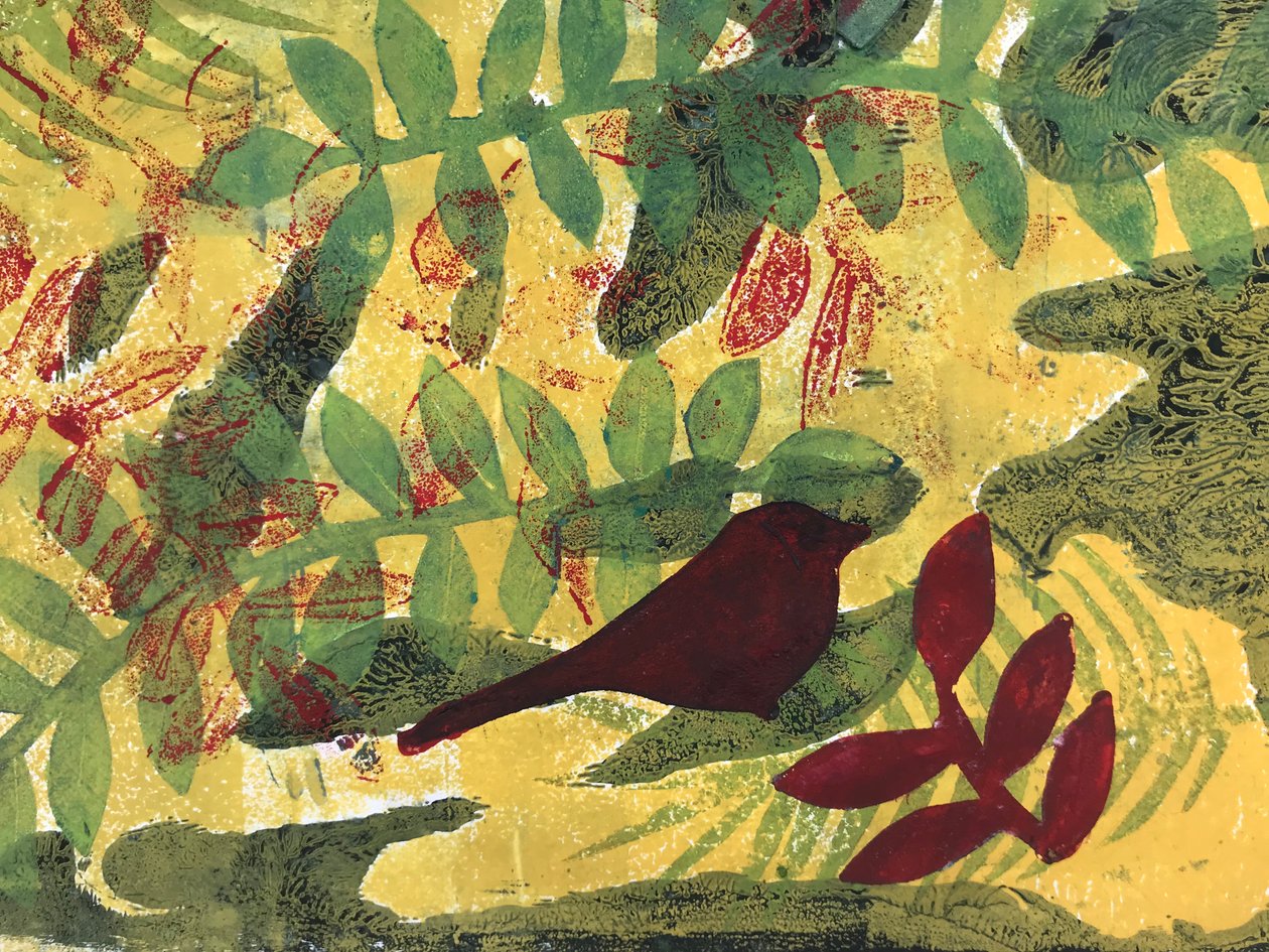 Gul oker botanisk (monoprint på papir) av Sarah Thompson Engels