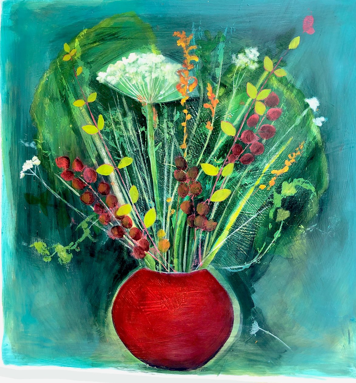 Rødbrun vase, 2022 (olje på lerret) av Sarah Thompson Engels