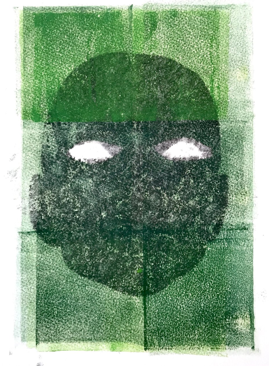 Eyeless, 2020, (monoprint) av Sarah Thompson Engels