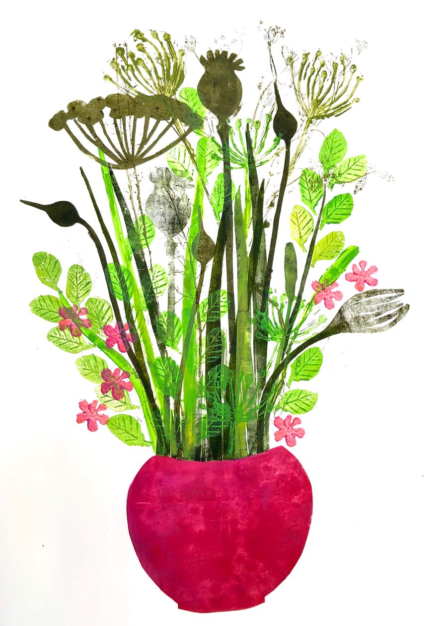 Rød vase 2, 2021 (monoprint) av Sarah Thompson Engels