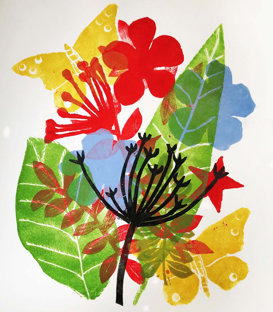 Frøhoder og blomster, 2019 (blekk monoprint) av Sarah Thompson Engels