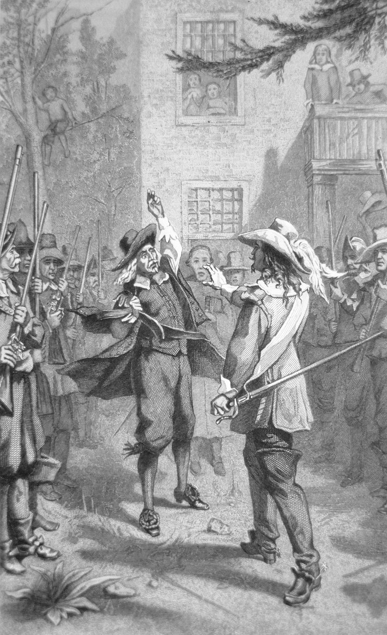 Nathaniel Bacon konfronterer Sir William Berkeley (gravering) av School American