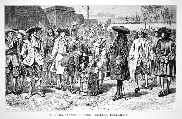 Togbånd som signerer Leislers erklæring i 1689 (gravering) av School American