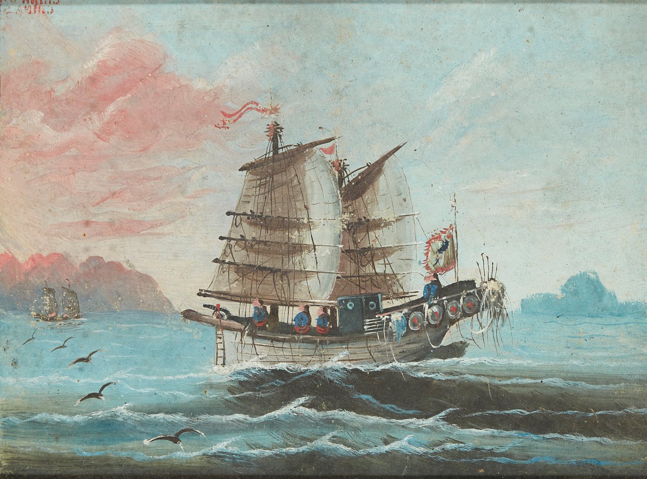 A Junk at Sea (gouache) av School Chinese