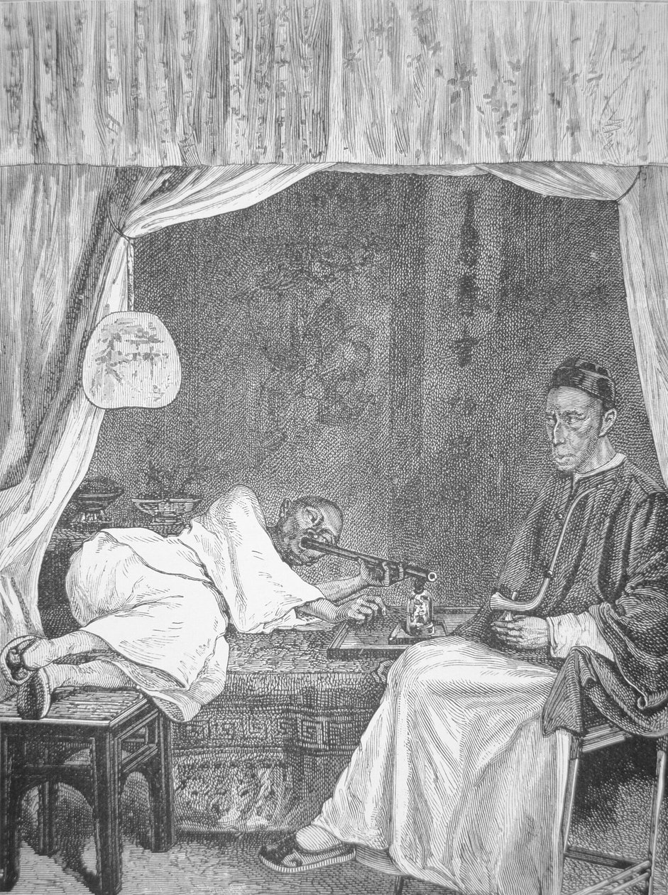 Kinesiske opiumsrøykere, gravering fra 1875 (litho) av School Chinese