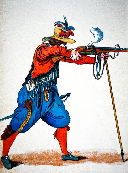 En musketer (farge litho) av School English
