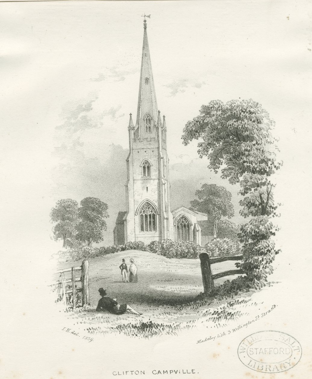 Clifton Campville Church: litografi (vignettert) av School English