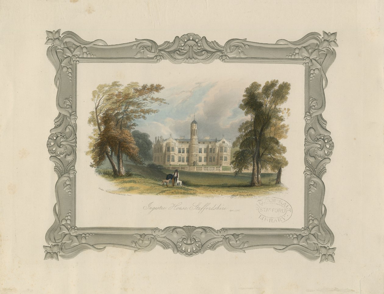 Ingestre Hall: stålgravering (håndfarget) av School English