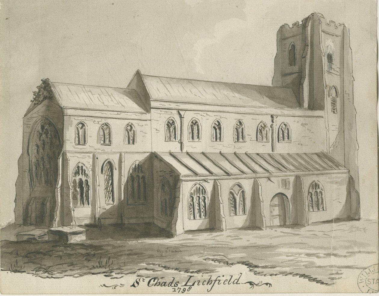 Lichfield - St. Chads kirke: sepia-tegning av School English