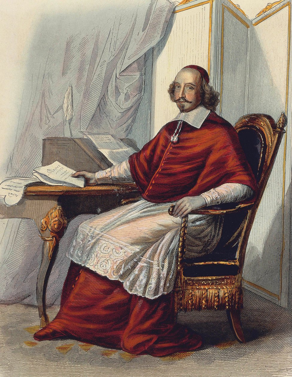 Kardinal Jules Mazarin (Giulio Mazzarini) (fargegravering) av School French