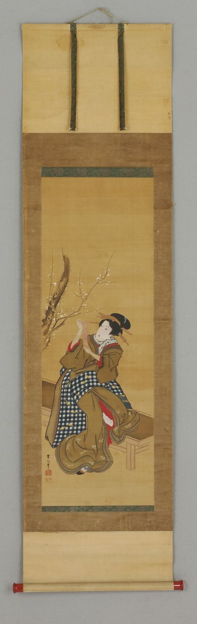 Ukiyoe, kvinne som sitter på benk av Japanese School