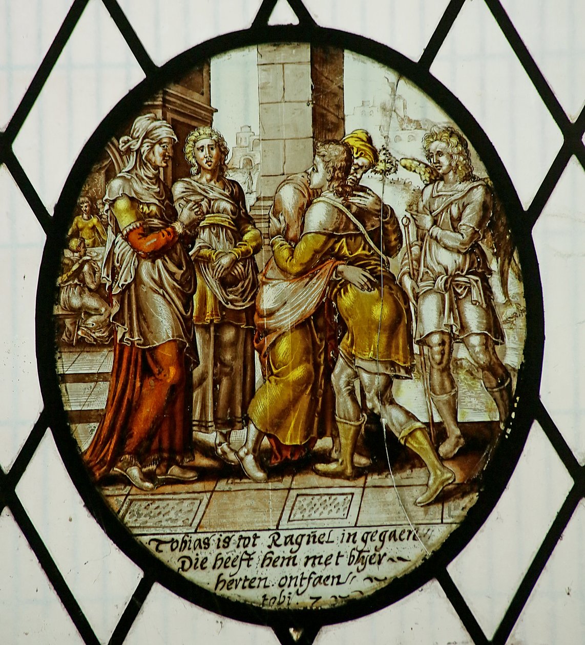 Roundel: Tobias ankommer Ecbatana (farget glass) av School Netherlandish