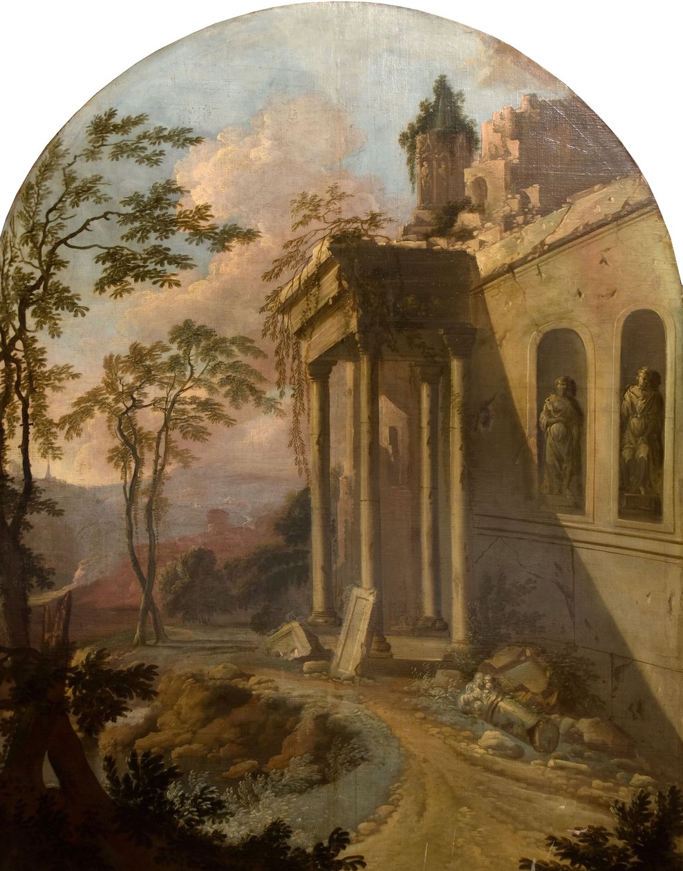 Landskap med ruin, 1725. av School of Jacques Rousseau