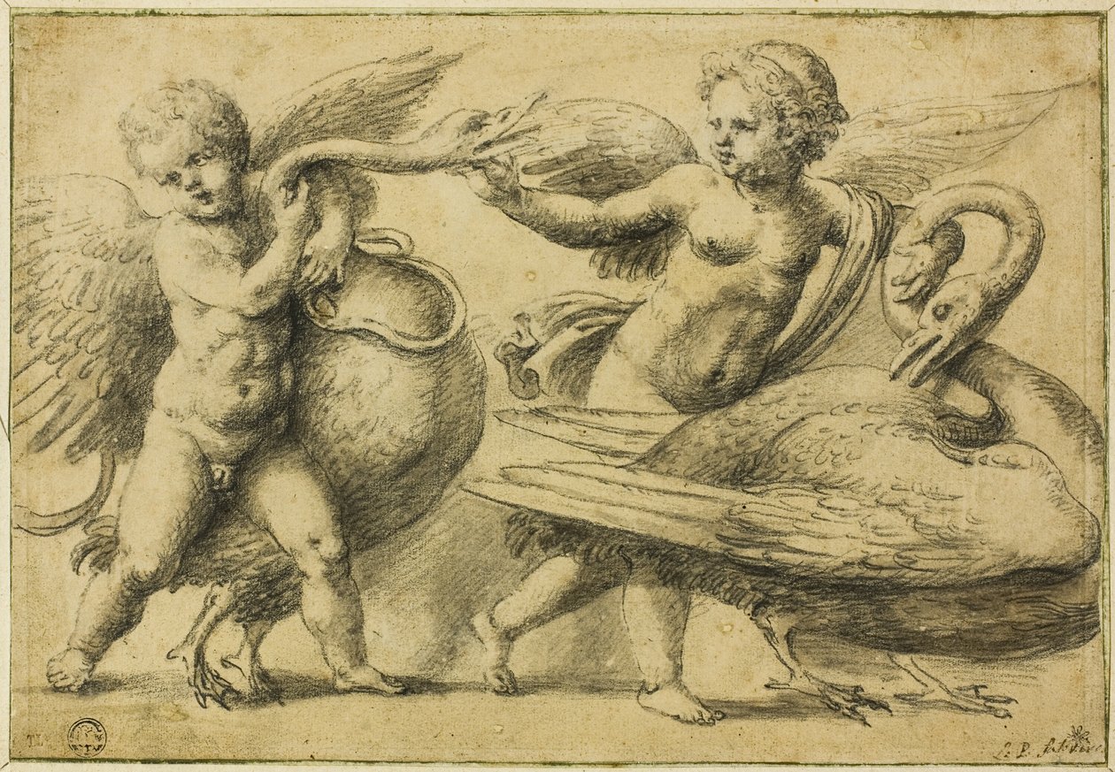 Putti leker med svaner av School of Raphael