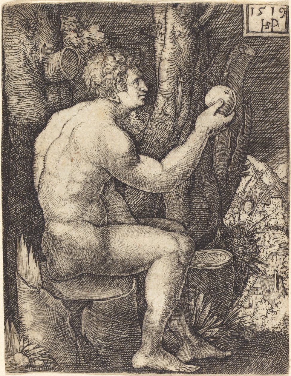 Adam Sittende av Sebald Beham