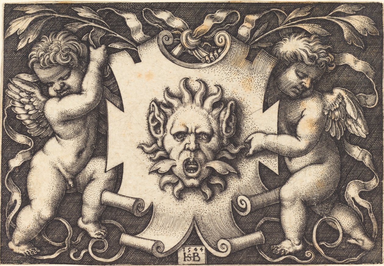 Mask holdt av Two Genii av Sebald Beham