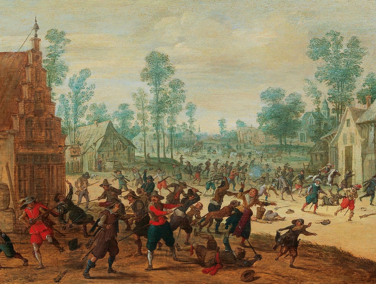 Kjempende soldater i en landsby, ca.1630. av Sebastiaen Vrancx