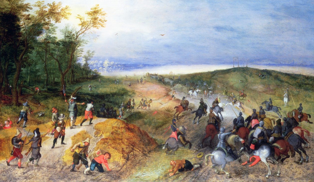 Kavaleri angriper hestevogner (panel) av Sebastian Vrancx