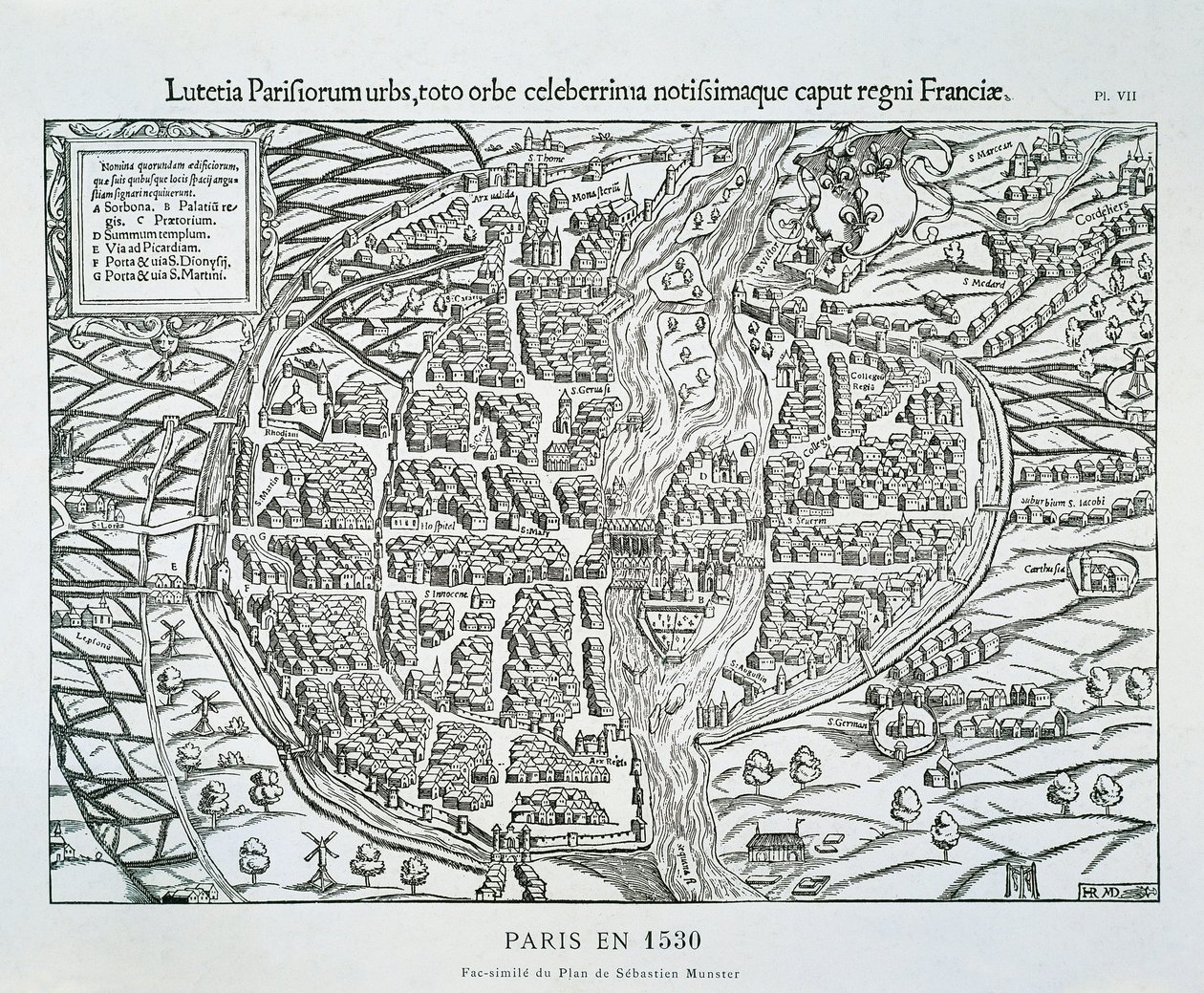 Paris byplan ca. 1530 (tregravering) av Sebastian (after) Münster