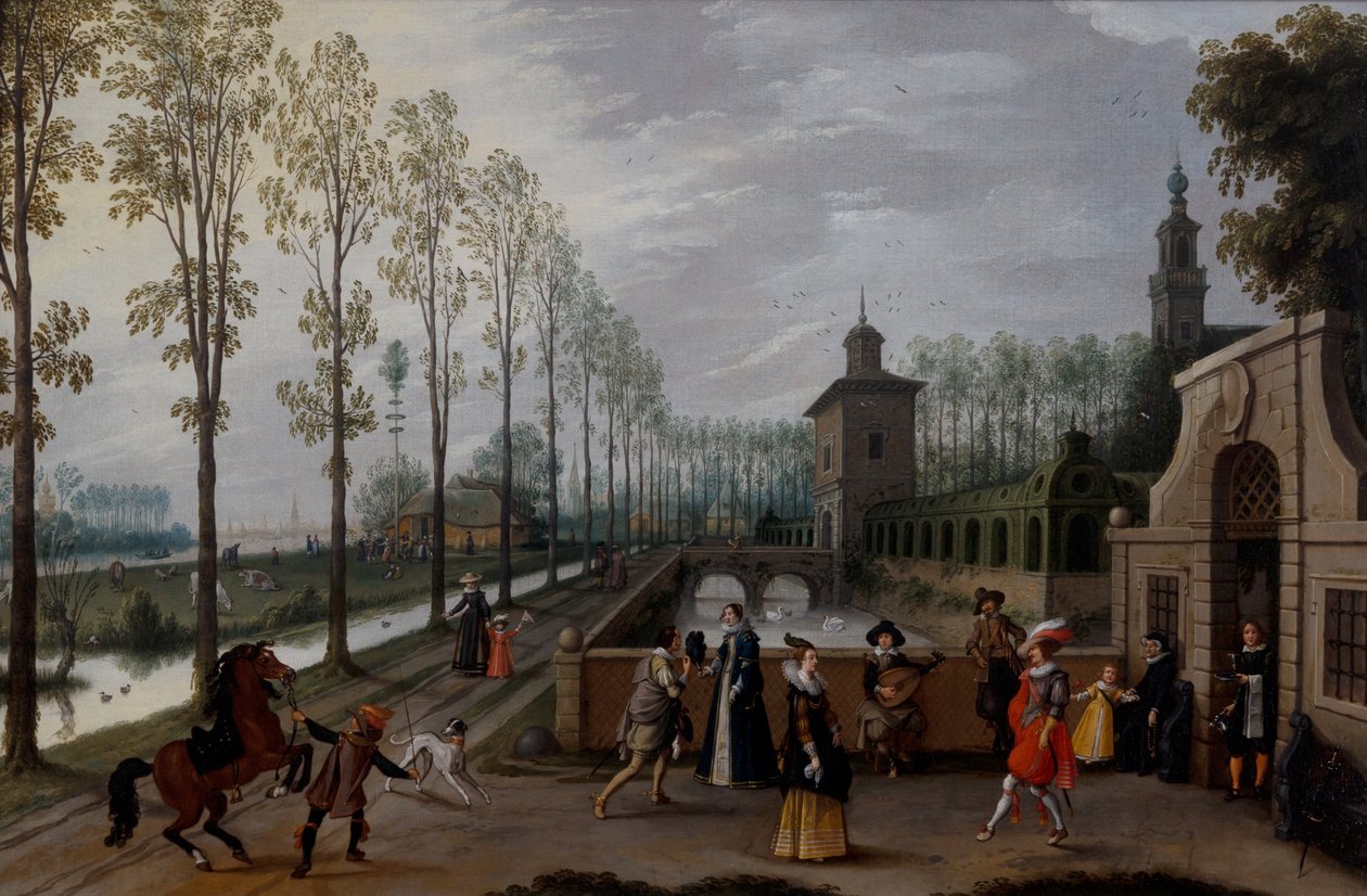 Et elegant selskap som promenerer utenfor et palass av Sebastian Vrancx