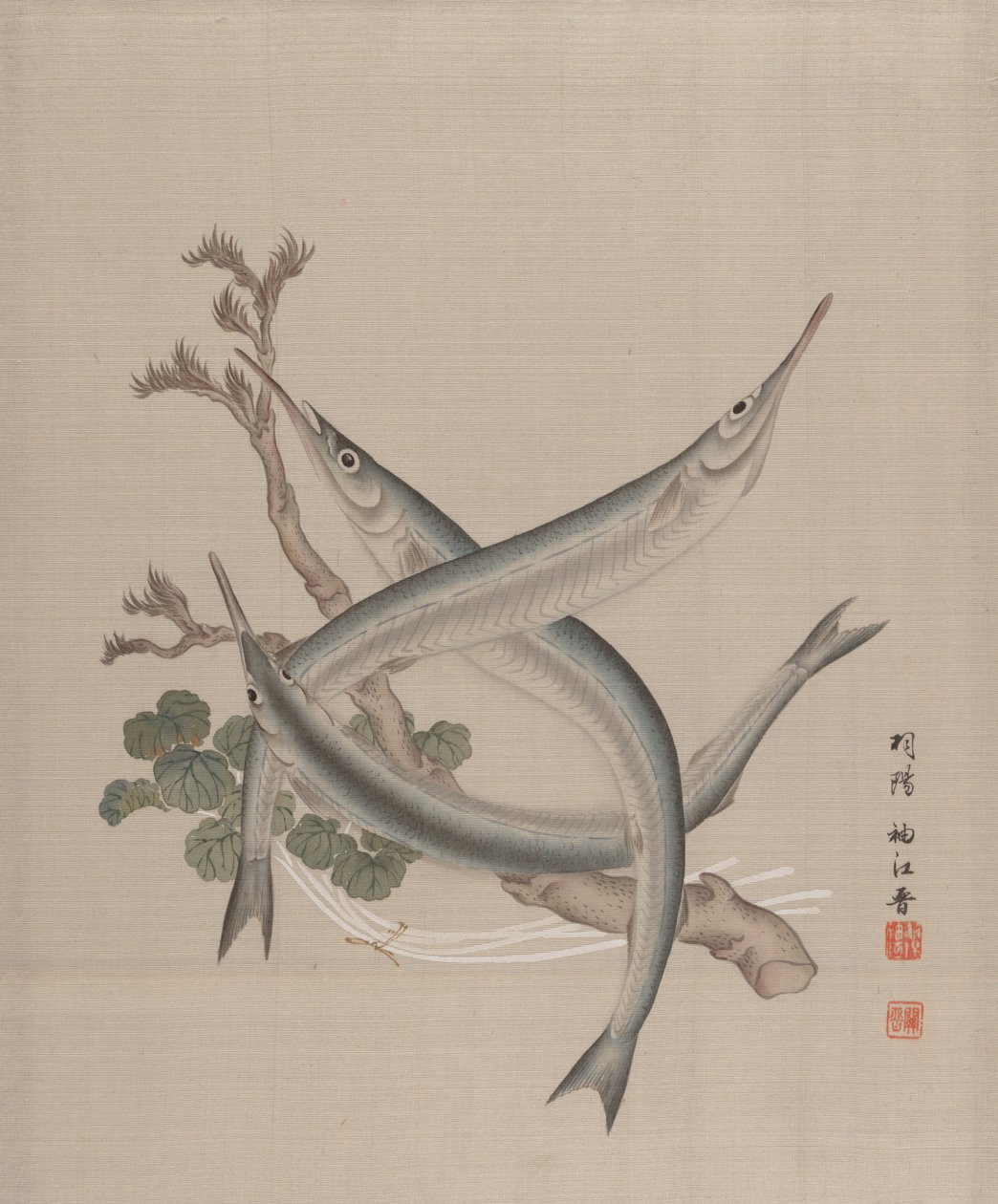 Tre fisker og en gren, ca. 1890-92. av Seki Shuko