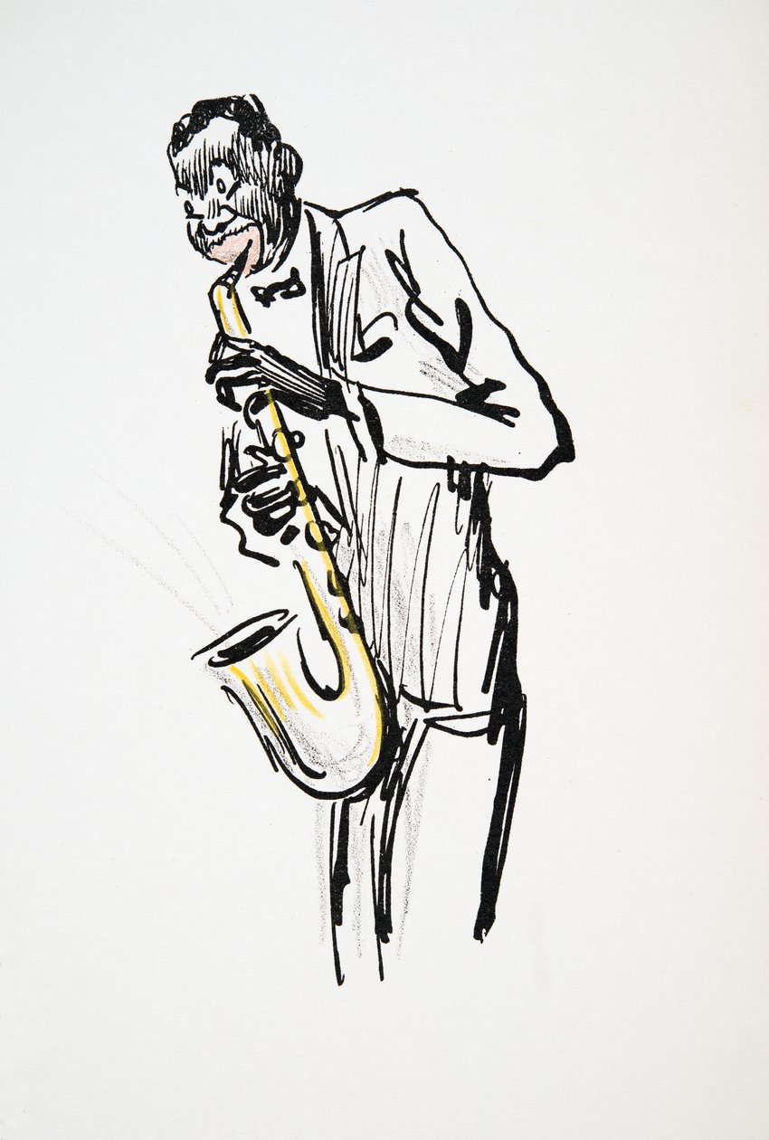 Saksofonspiller, fra White Bottoms, pub. 1927 (fargeblokktrykk) av Sem