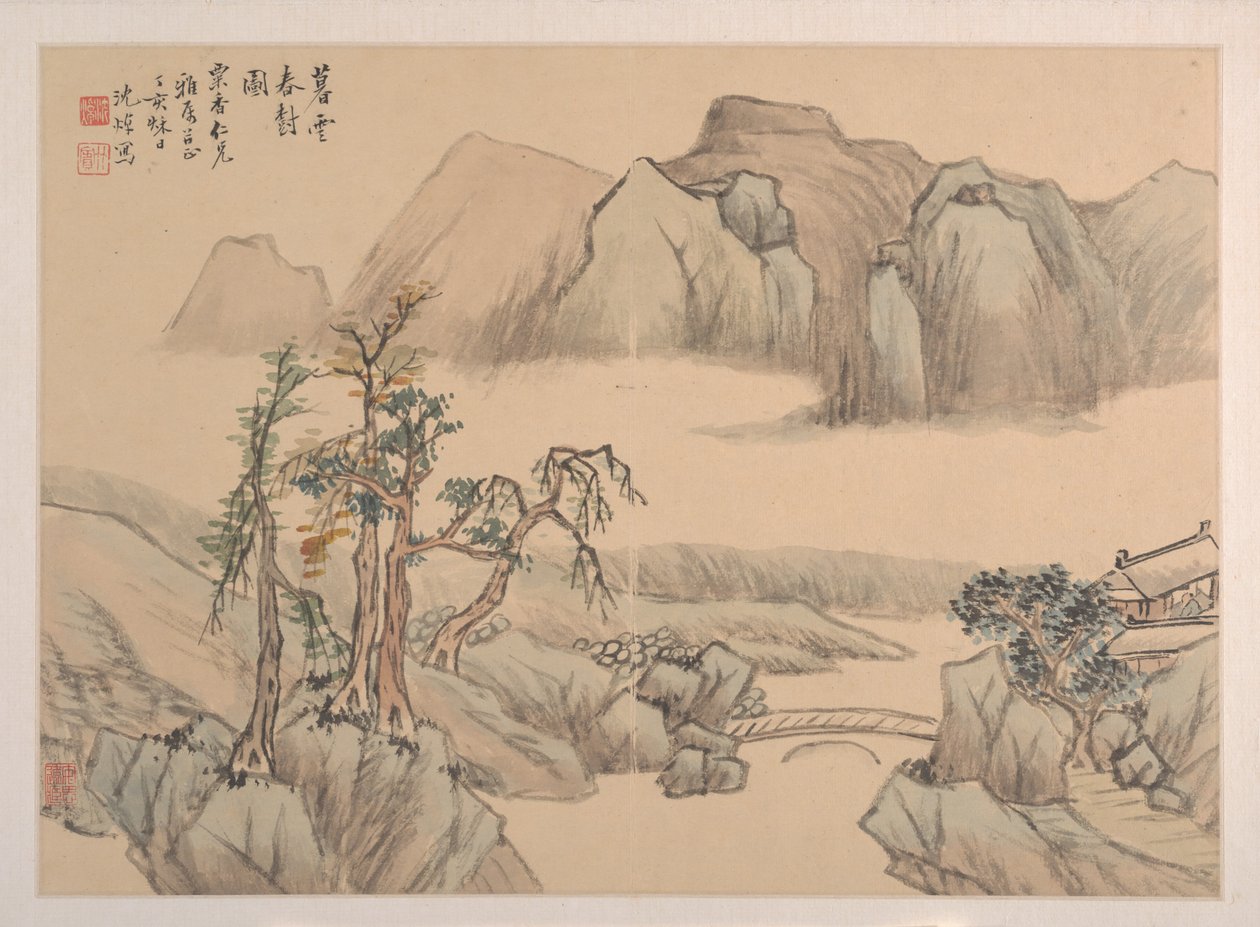 Landskap, datert 1827. av Shen Zhuo