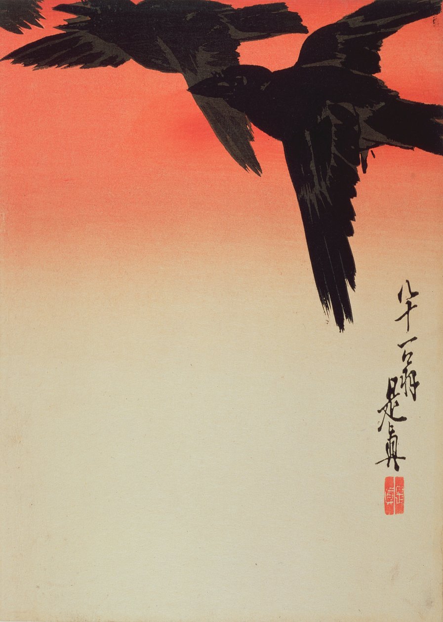 Crows in Flight at Sunrise, 1888 (farget treblokktrykk) av Shibata Zeshin