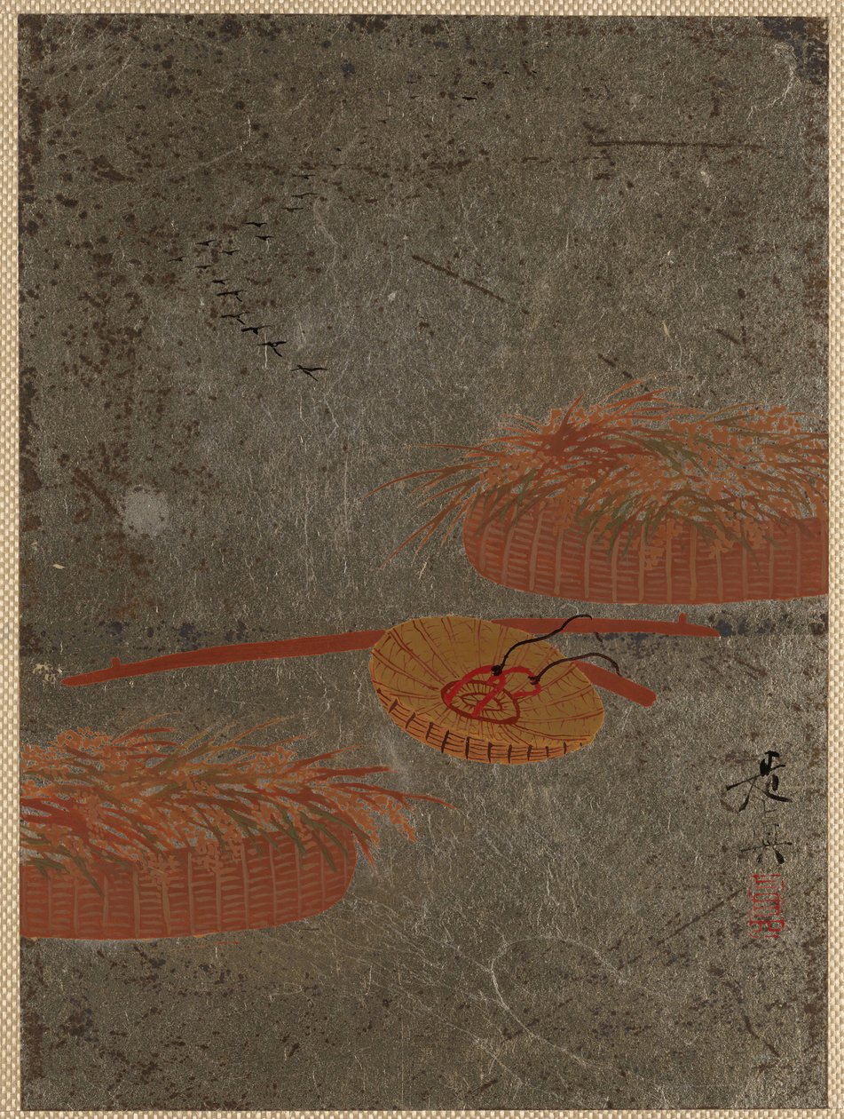 Blomsterkurver og bondehatt, ca. 1880-tallet. av Shibata Zeshin