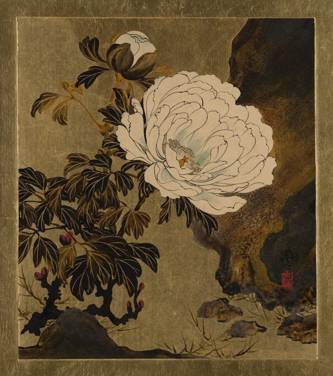 Lakkmalerier av forskjellige emner: Peoner, 1882. av Shibata Zeshin