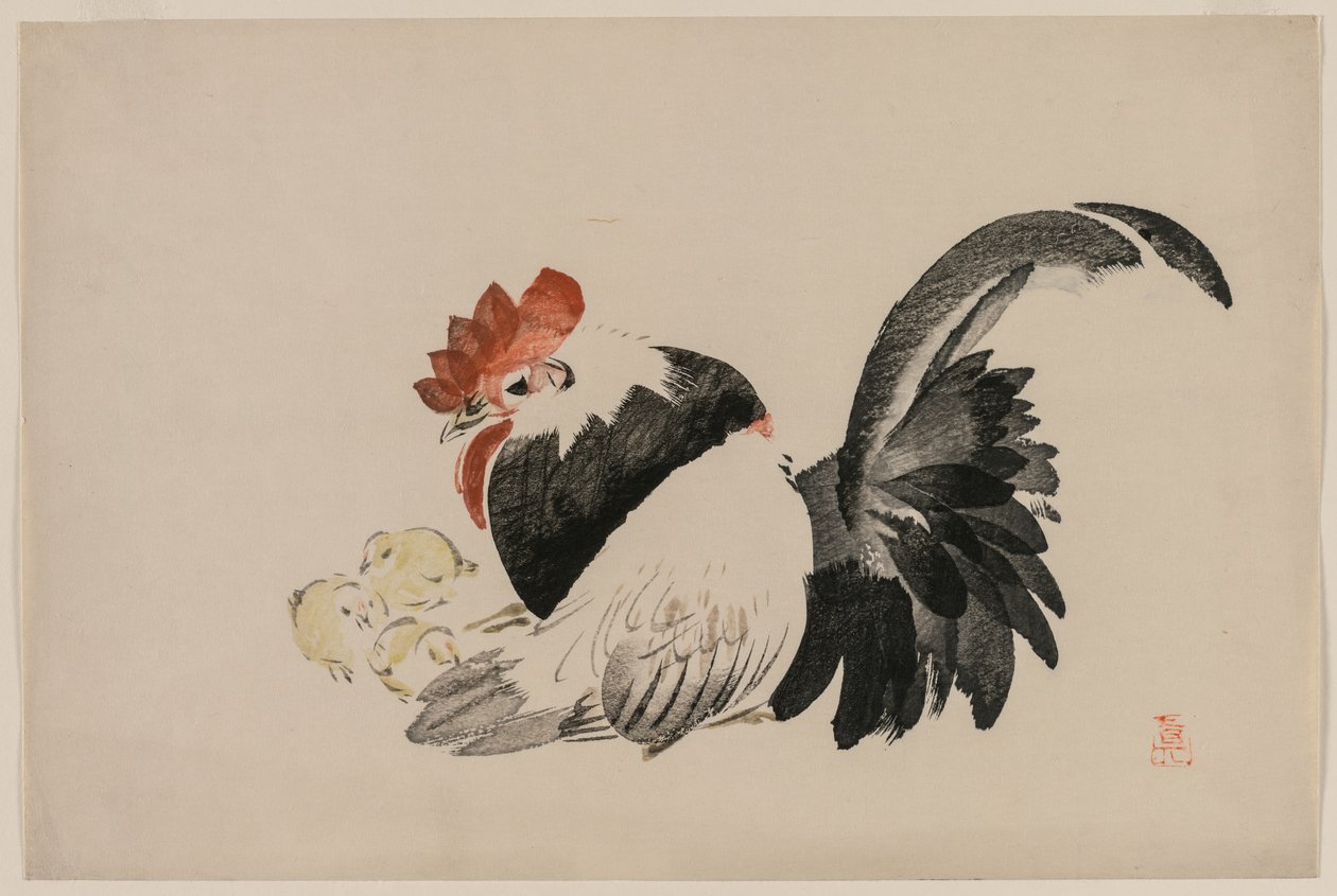 Hane, høne og kyllinger, ca. 1880-tallet. av Shibata Zeshin