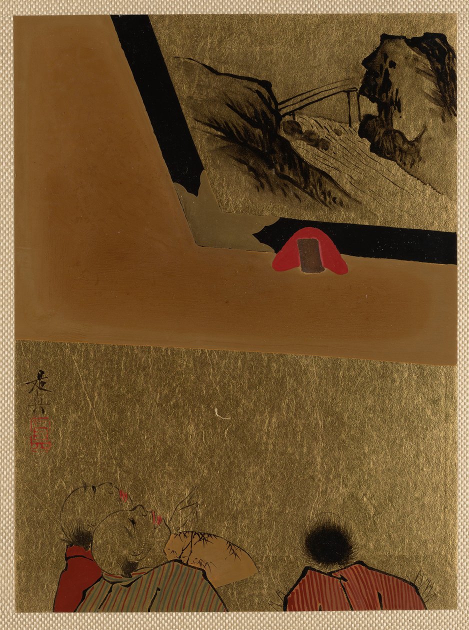 Tre menn ser på innrammet lakktegning. av Shibata Zeshin